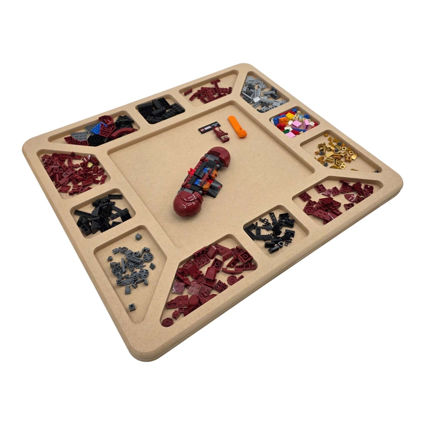 LEGO Compatible Sorting & Building Tray filled with assorted LEGO bricks and building pieces for easy organization. Left hand view.
