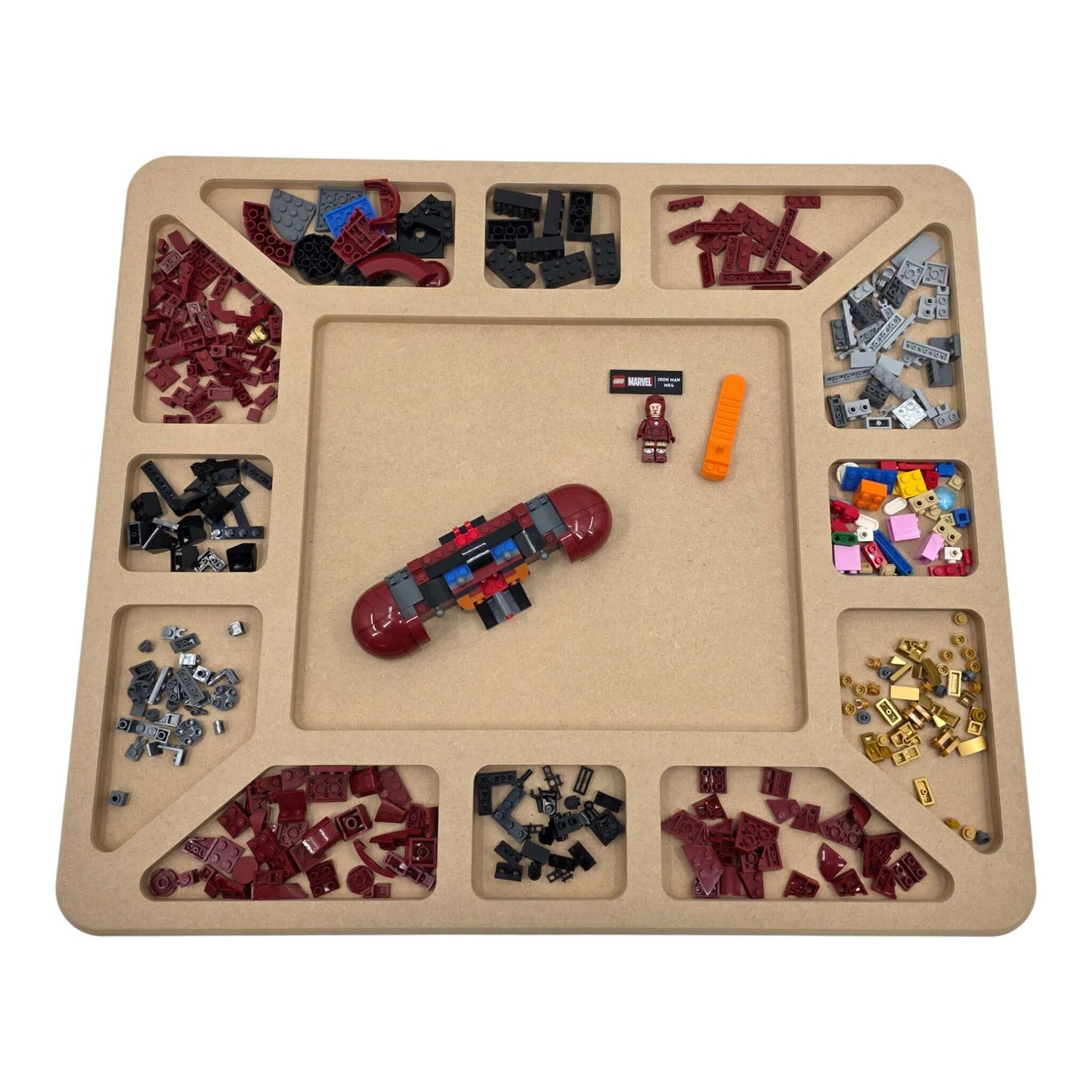LEGO Compatible Sorting & Building Tray filled with assorted LEGO bricks and building pieces for easy organization. Front View