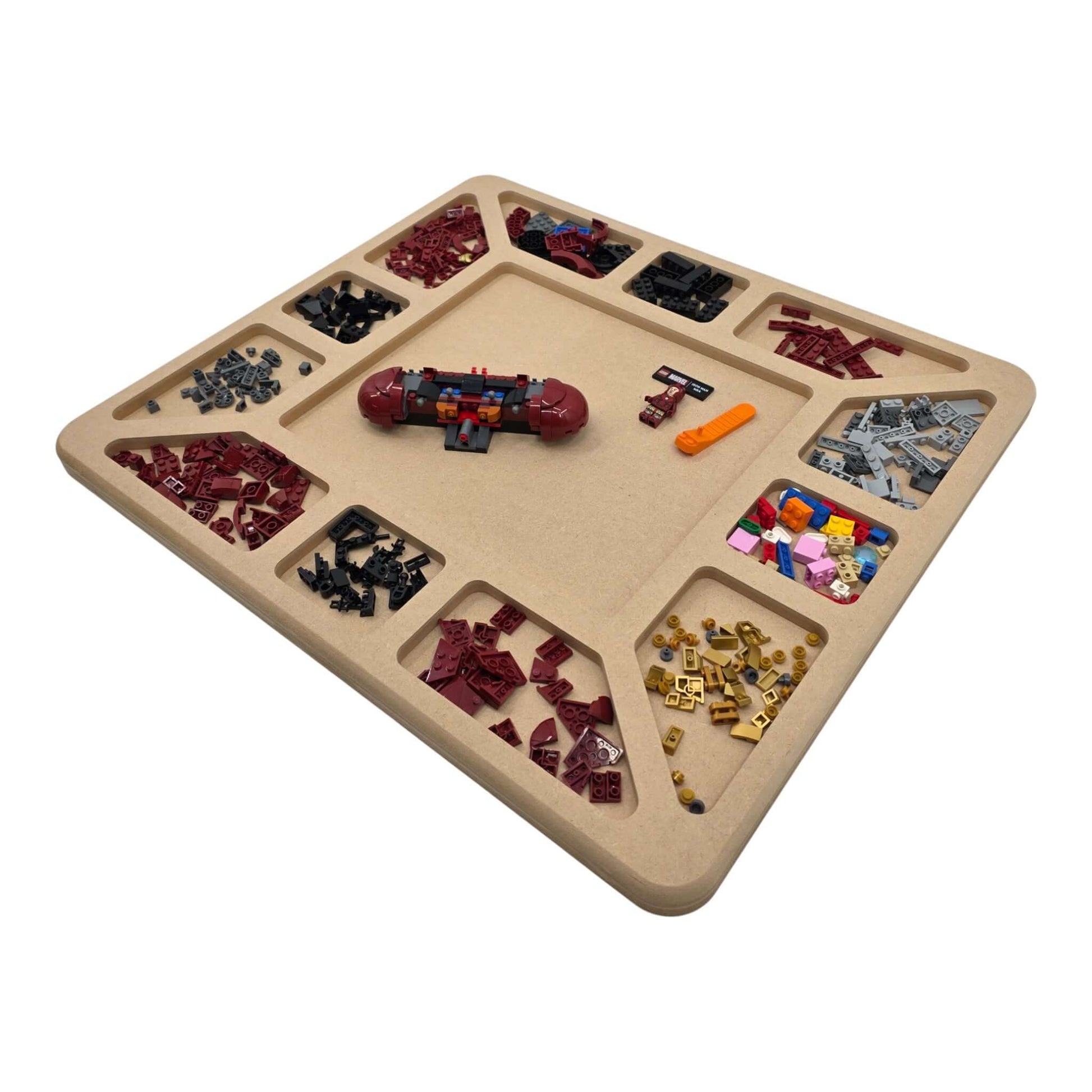 LEGO Compatible Sorting & Building Tray filled with assorted LEGO bricks and building pieces for easy organization. Right hand view.