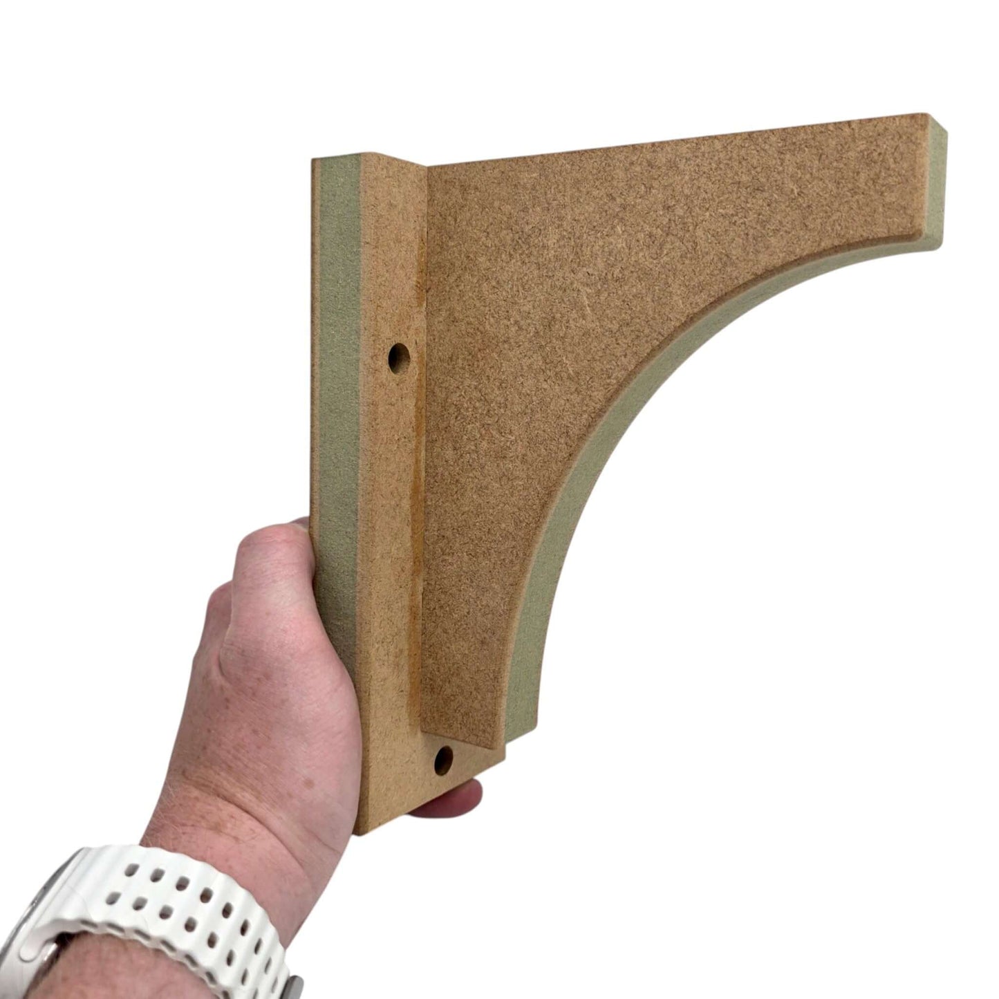 Shaker Gallows Bracket held in hand, showcasing the distinct profile cut for open shelving.