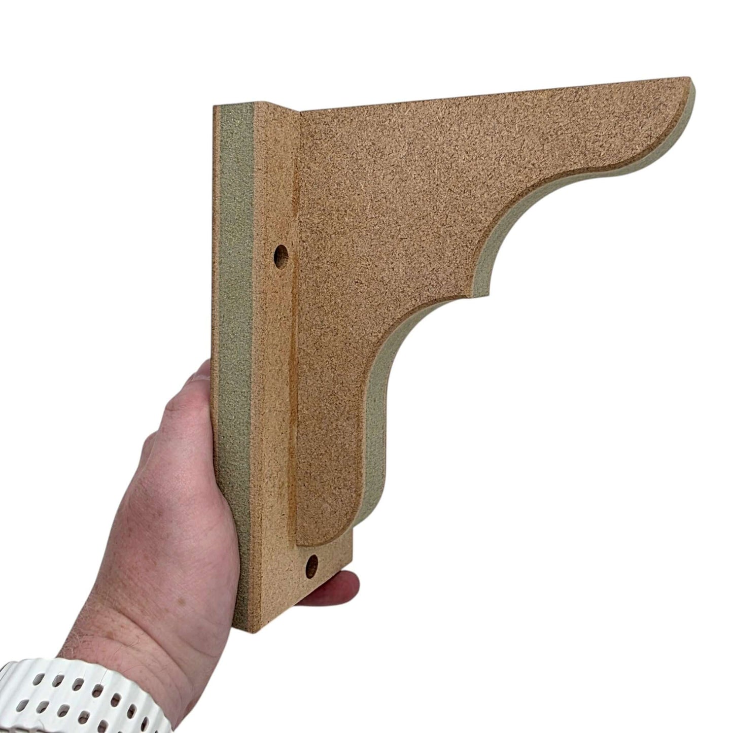 Shaker Gallows Bracket in hand, showcasing premium MDF craftsmanship and stylish design for shelves.