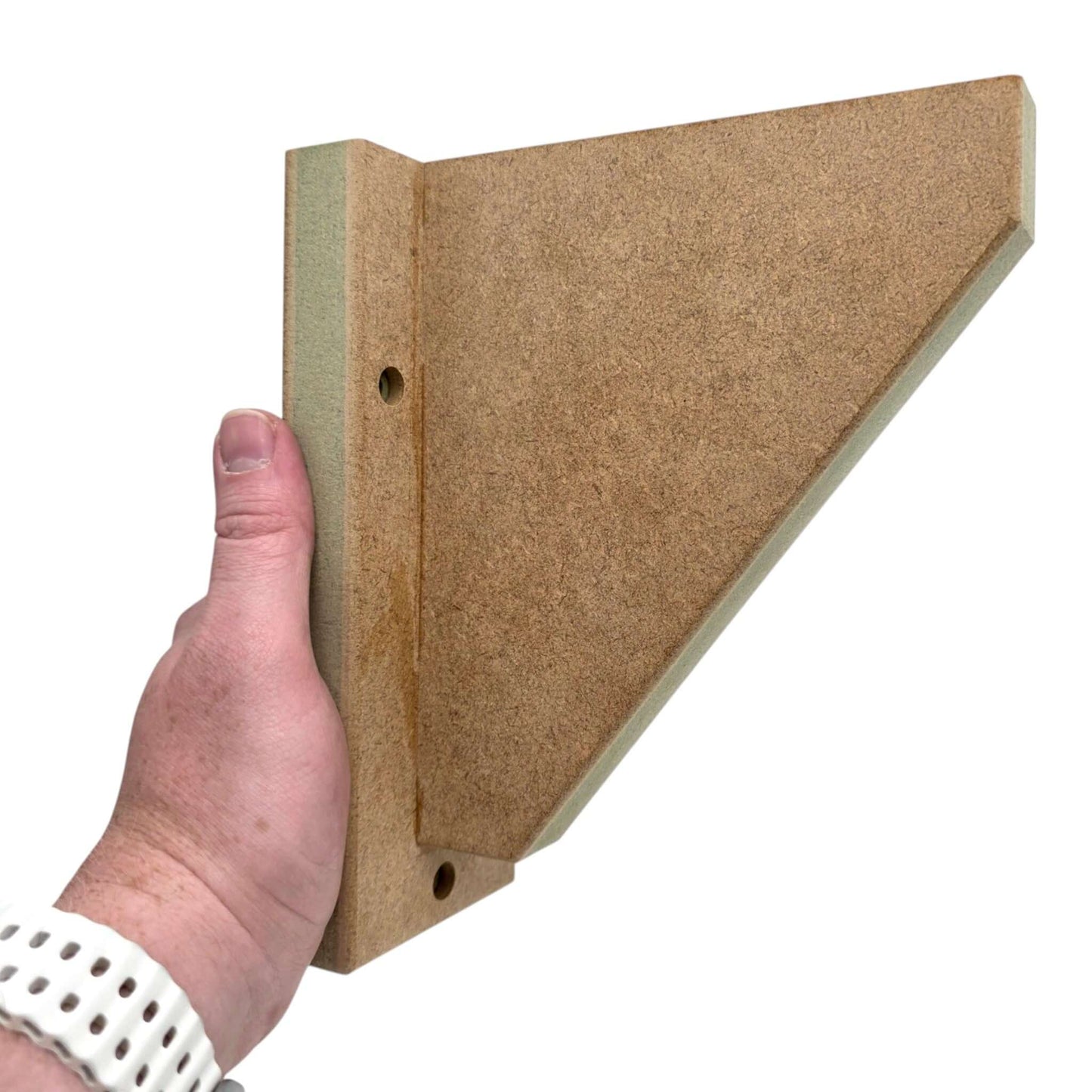Hand holding a Shaker Gallows Bracket with Backplate - Style 5, crafted from premium moisture-resistant MDF.
