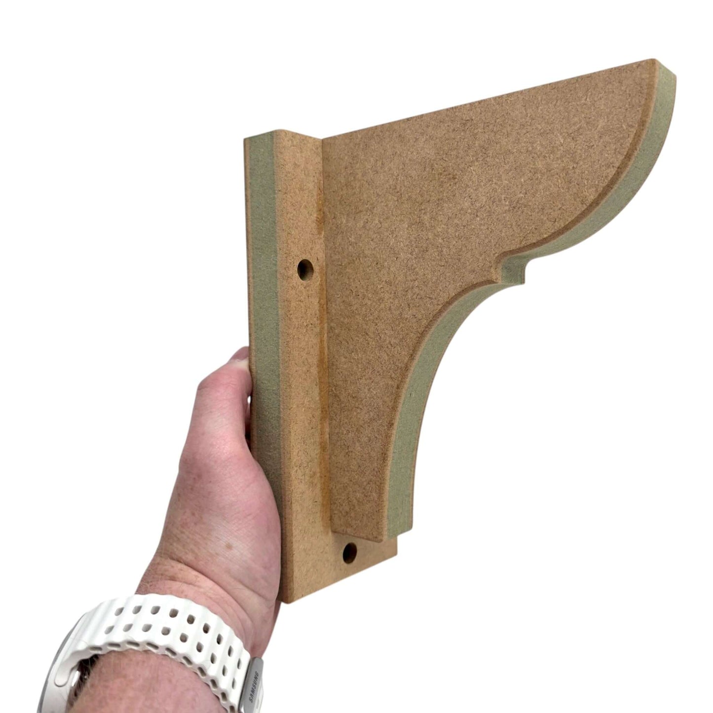 Hand holding a Shaker Gallows Bracket with Backplate - Style 6, featuring elegant design and precision craftsmanship.