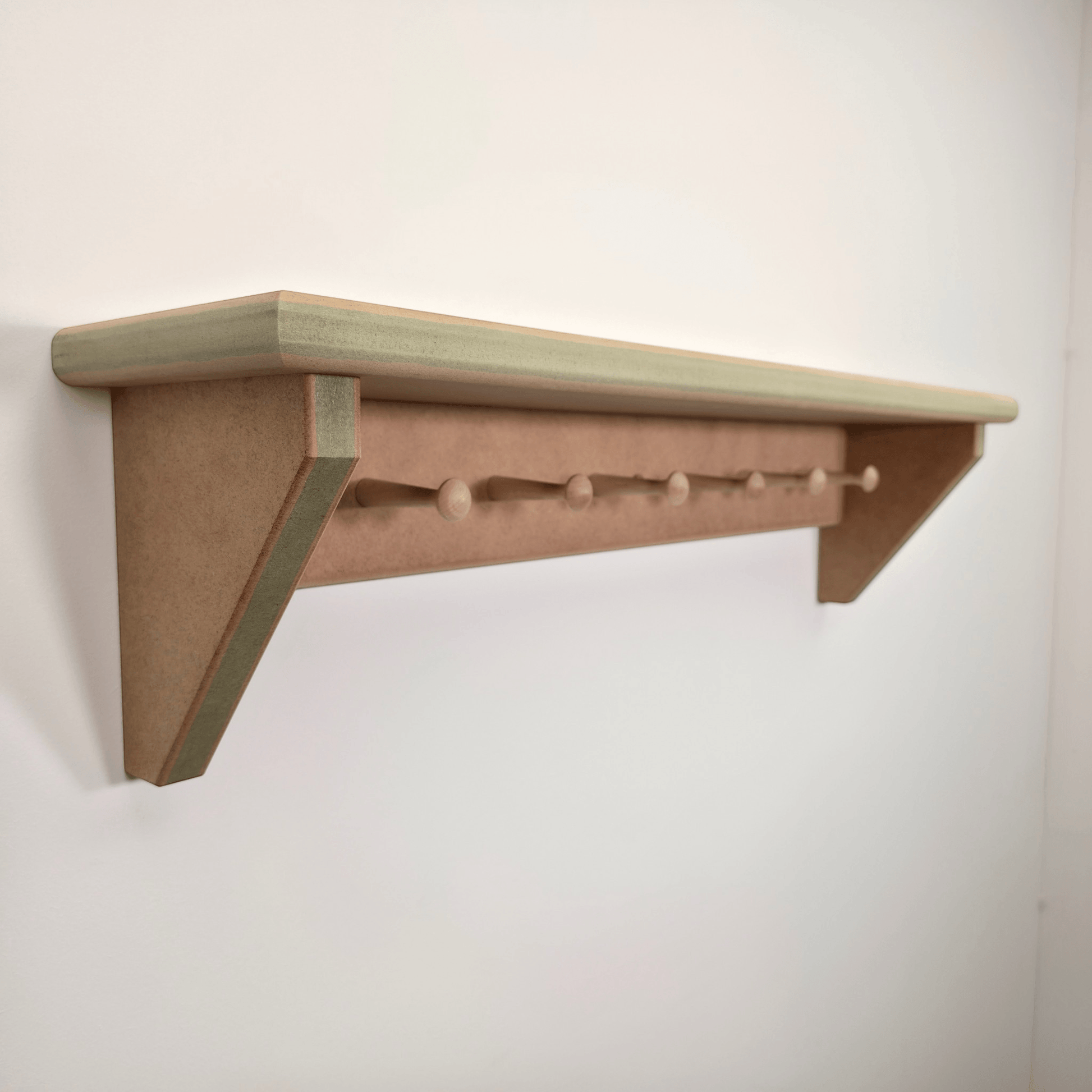 Modern Shaker Peg Shelf - Handmade peg shelf with five pegs for storage, ready to paint in smooth finish.