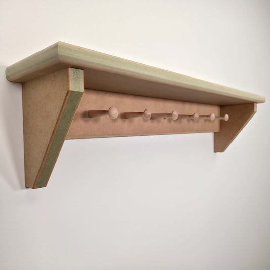 Modern Shaker Peg Shelf - Handmade shelf feature with hooks ready to paint, ideal for hallway or nursery organization.