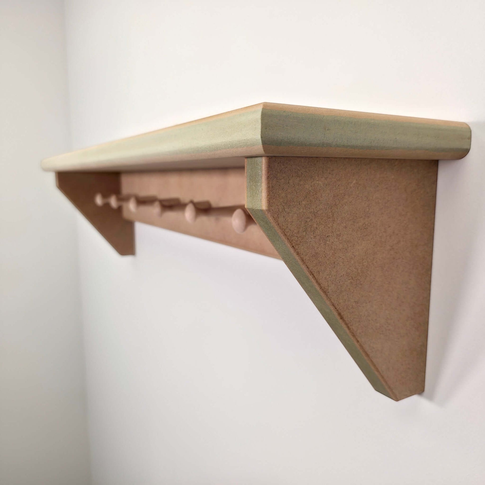 Modern Shaker Peg Shelf - Handmade shelf with peg hooks, ready to paint, showcasing clean lines and durable construction.
