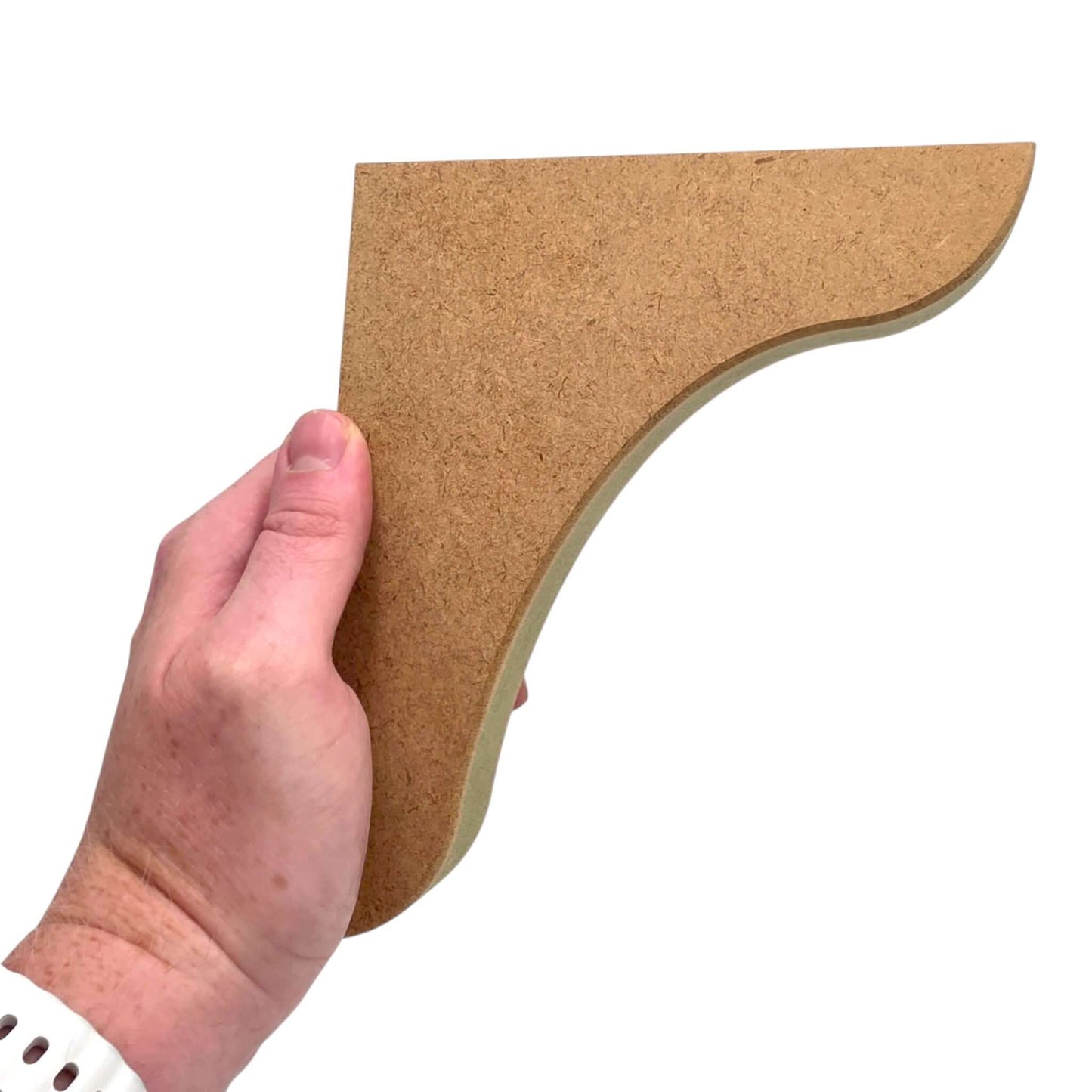 Traditional Shaker Shelf Bracket held in hand, made of MR MDF for durable support.