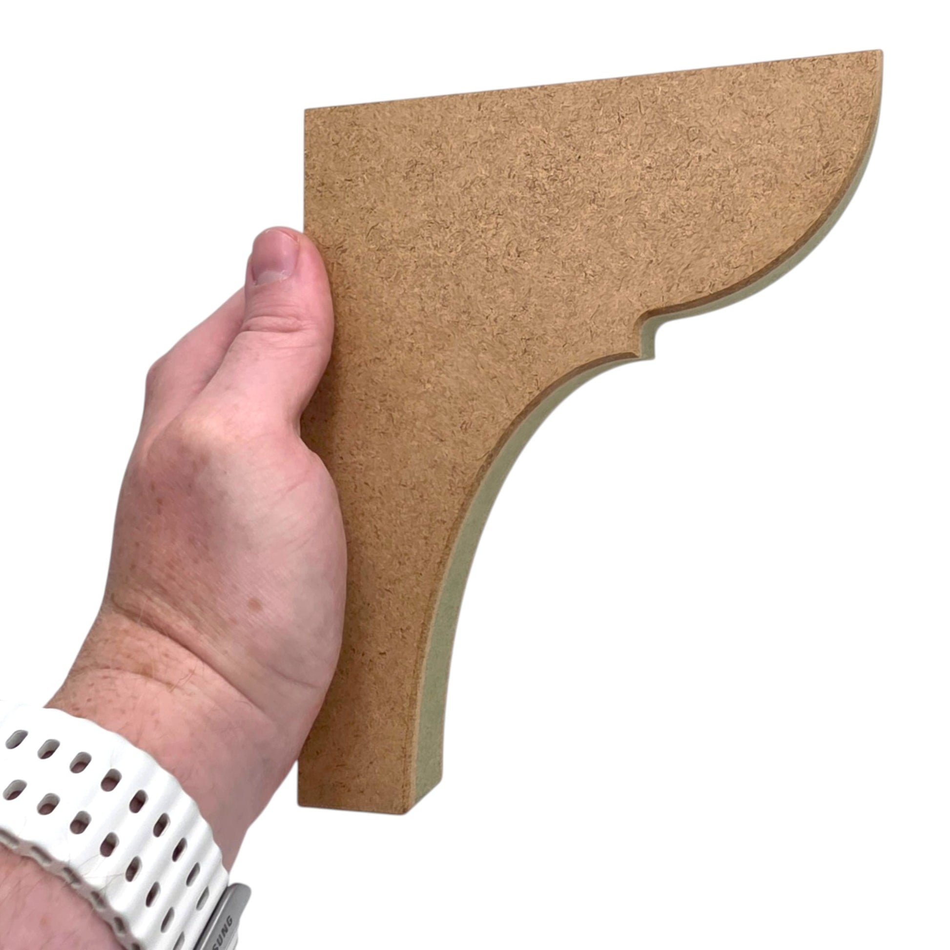 Traditional Shaker Shelf Bracket held in hand, showcasing its smooth contours and premium MDF material.