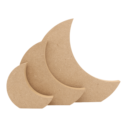 CNC routed freestanding crescent moon shapes made from MDF, quality craft shapes for DIY projects.