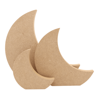 CNC routed freestanding crescent moon shapes made from MDF, quality craft shapes for DIY projects.