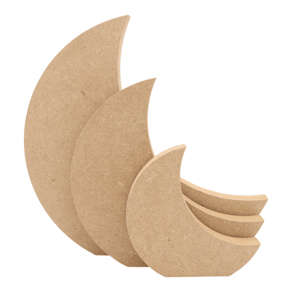 CNC routed freestanding crescent moon shapes made from MDF, quality craft shapes for DIY projects.