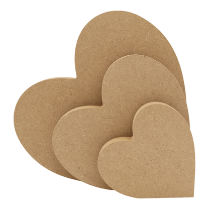 CNC routed freestanding slanted heart shapes made from MDF, quality craft shapes for DIY projects.