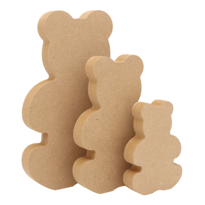 CNC routed freestanding teddy bear shapes made from MDF, quality craft shapes for DIY projects.