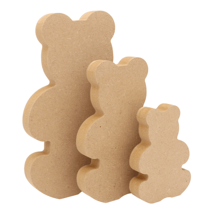 CNC routed freestanding teddy bear shapes made from MDF, quality craft shapes for DIY projects.