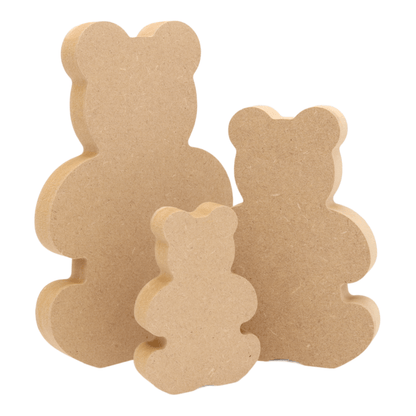 CNC routed freestanding teddy bear shapes made from MDF, quality craft shapes for DIY projects.