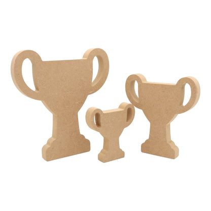 CNC routed freestanding trophy cup shapes made from MDF, quality craft shapes for DIY projects.