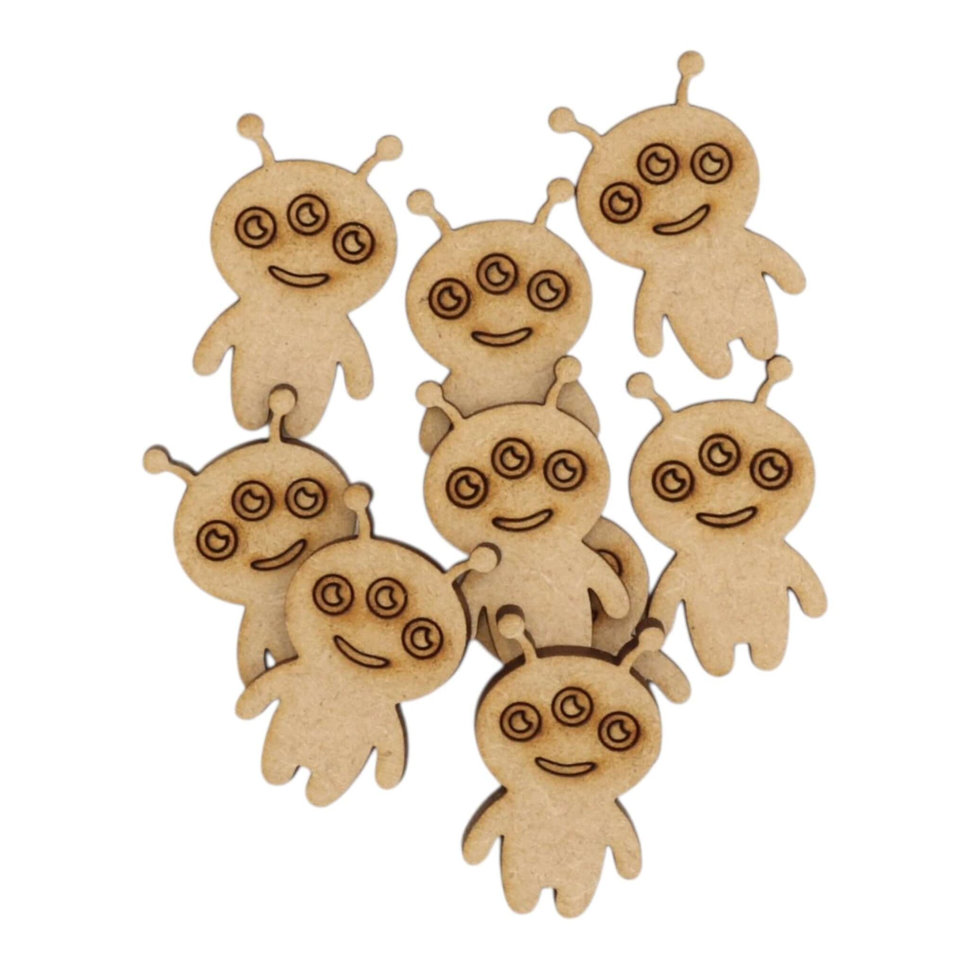 Alien MDF Craft Shape - a set of friendly laser-cut alien shapes made of MDF, perfect for crafts and projects.