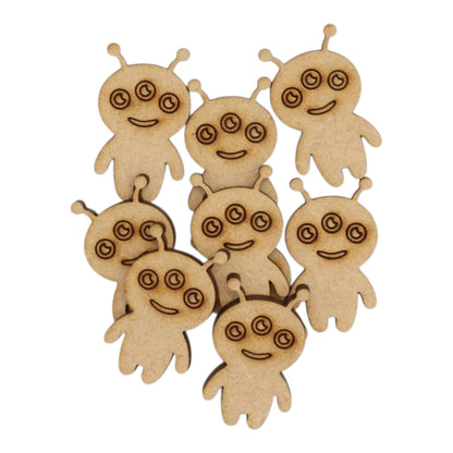 Cute Alien MDF Craft Shape figures with smiling faces and three engraved eyes, perfect for creative projects.