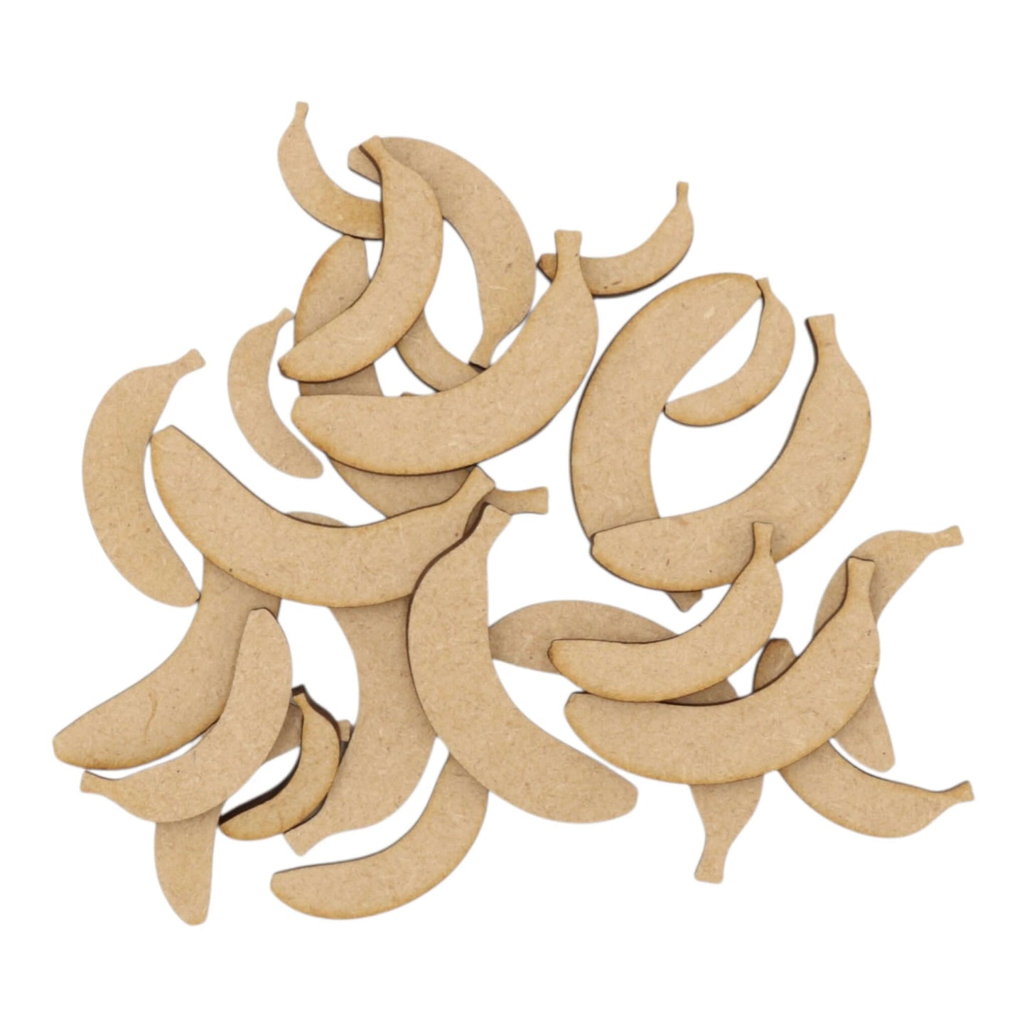 Banana MDF Craft Shape scattered on a white background, perfect for creative projects and decoration.