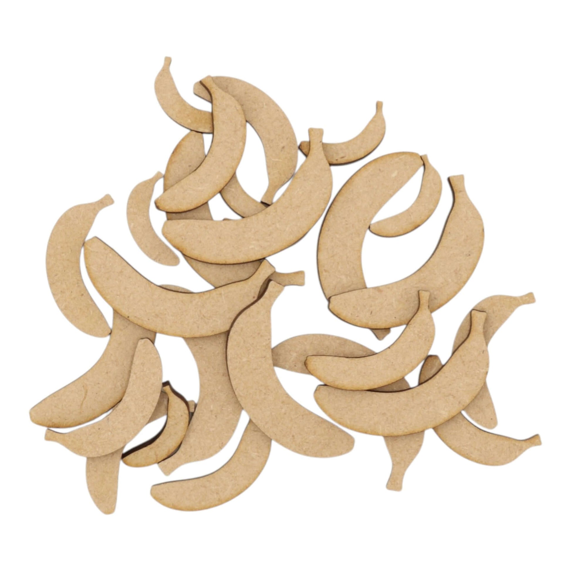 Banana MDF Craft Shape scattered on a white background, perfect for creative projects and decoration.