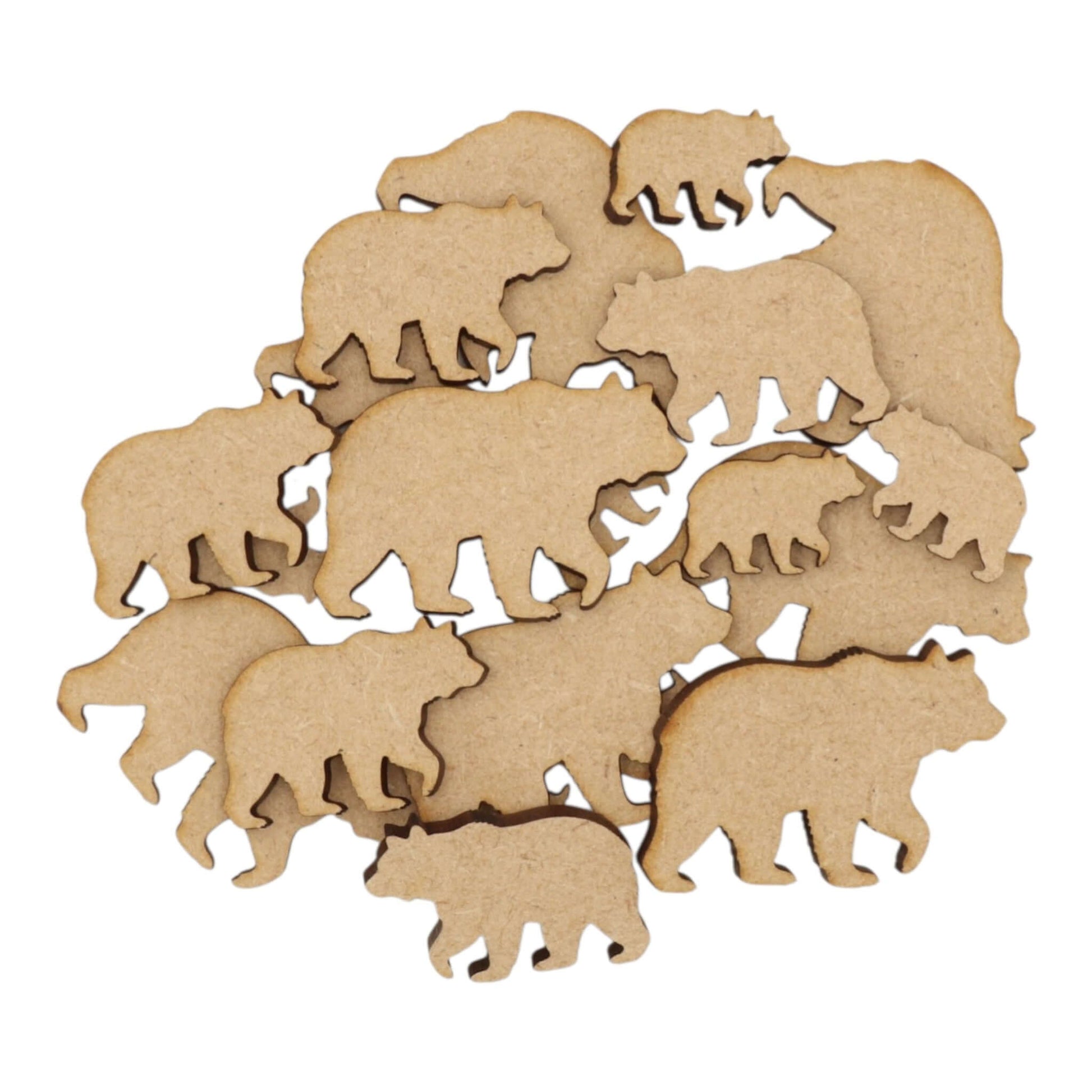 Bear MDF Craft Shape collection of laser-cut bear silhouettes in natural wood finish for crafting projects.