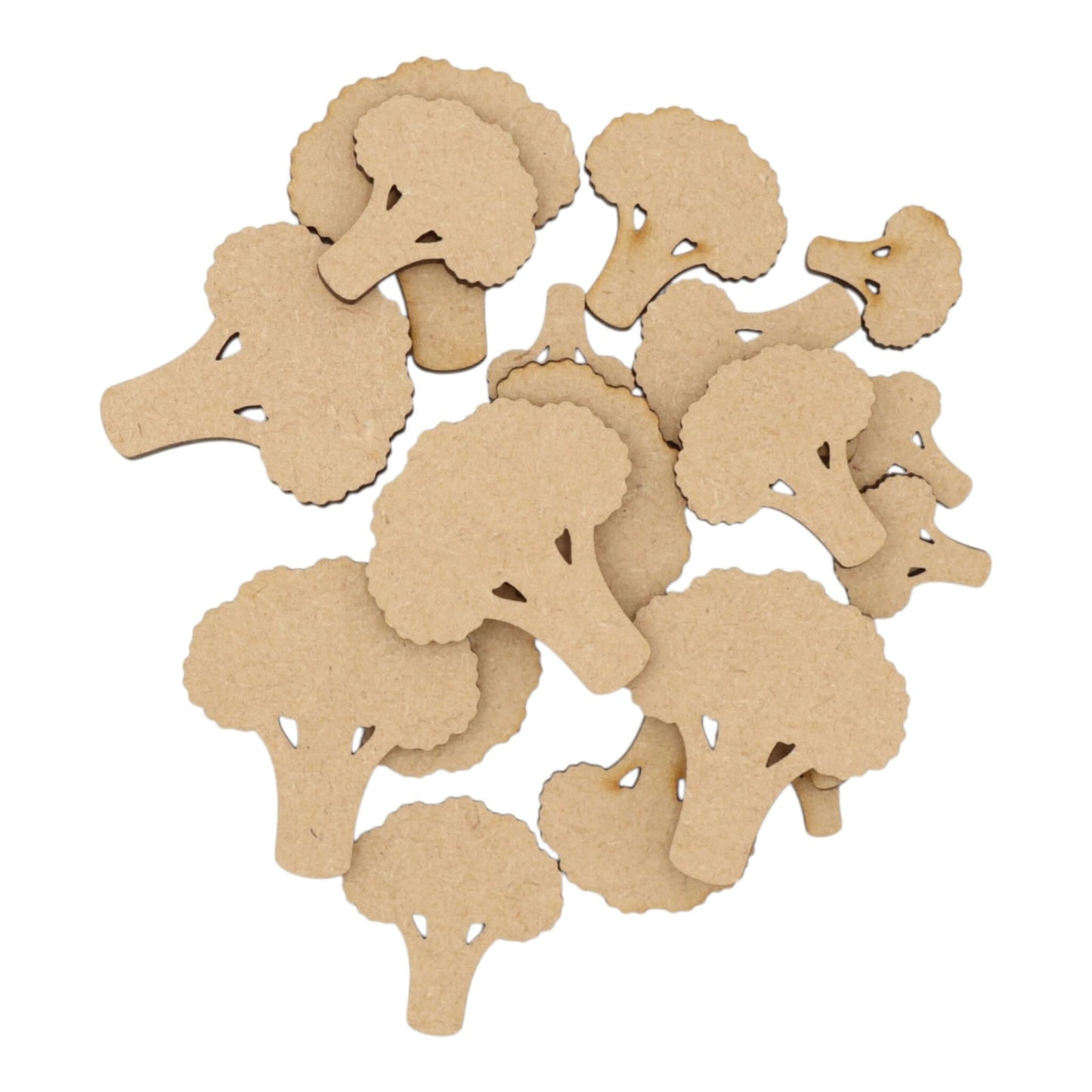 A collection of laser-cut Broccoli MDF Craft Shapes in natural color, perfect for creative projects and educational themes.