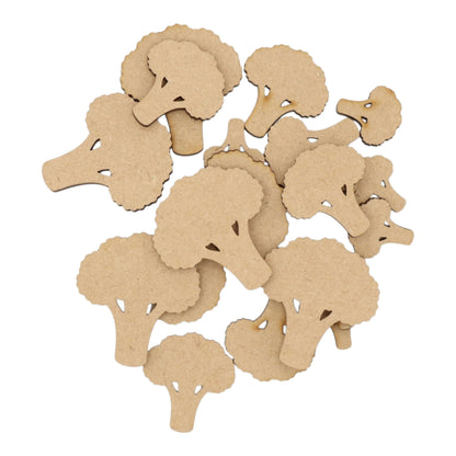A collection of laser-cut Broccoli MDF Craft Shapes in natural color, perfect for creative projects and educational themes.