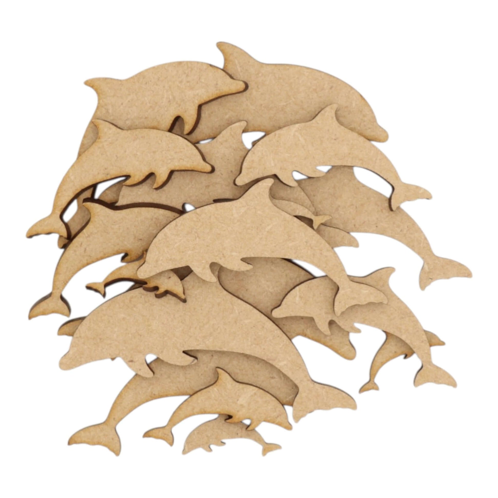 Dolphin MDF Craft Shape collection, laser-cut dolphin shapes ready for creative projects and seaside-themed décor.