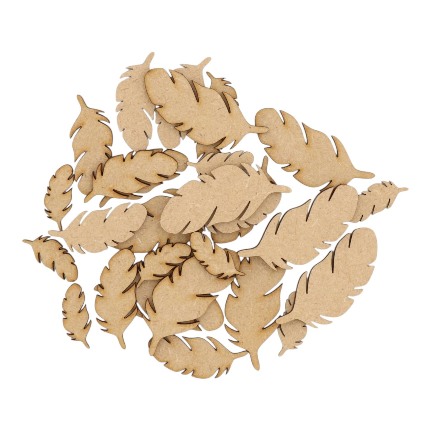 Feather MDF Craft Shape, laser-cut feather shapes in natural finish, ideal for crafts and decorations.