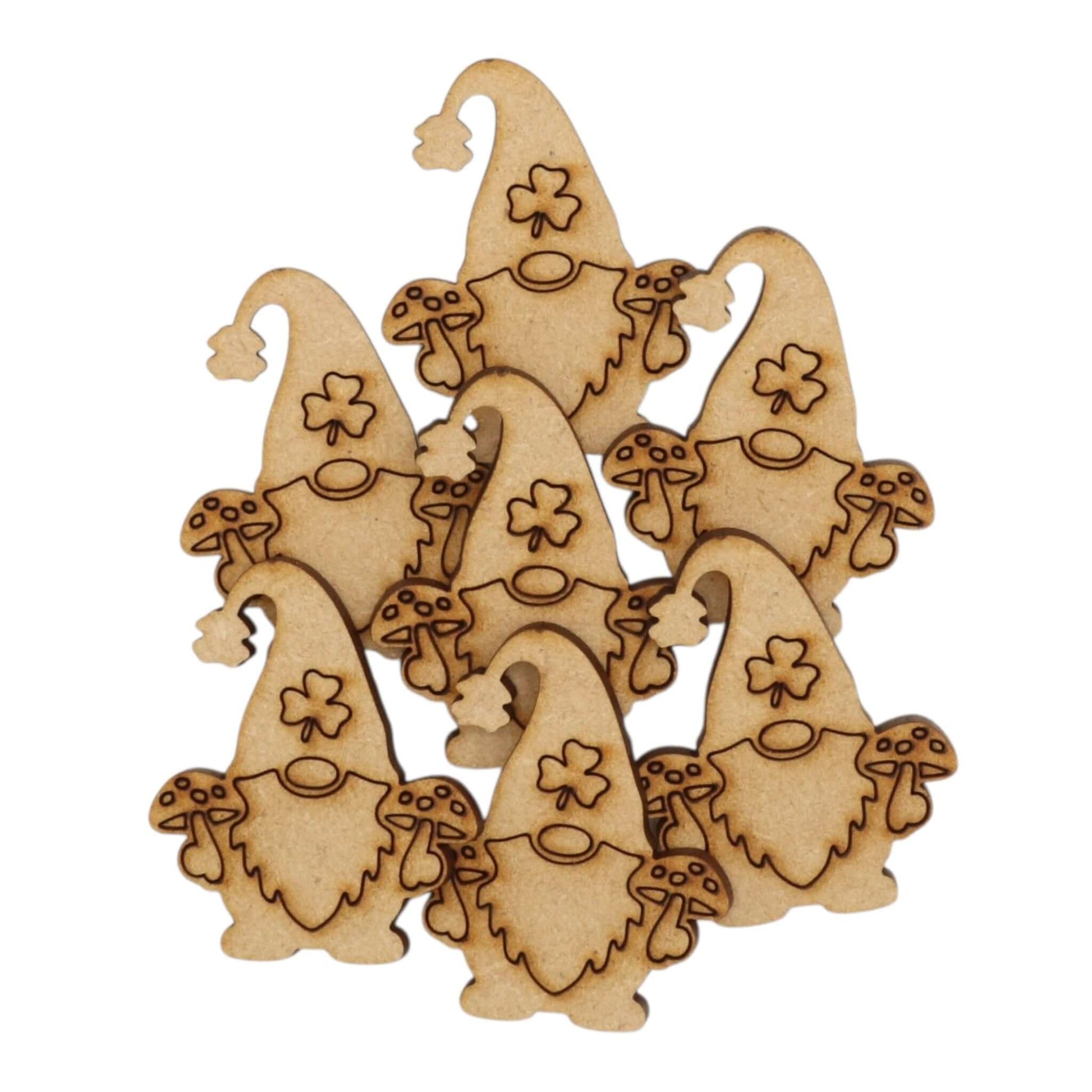 Gnome MDF Craft Shape, a set of laser-cut gnome shapes with pointed hats and toadstools for crafting.