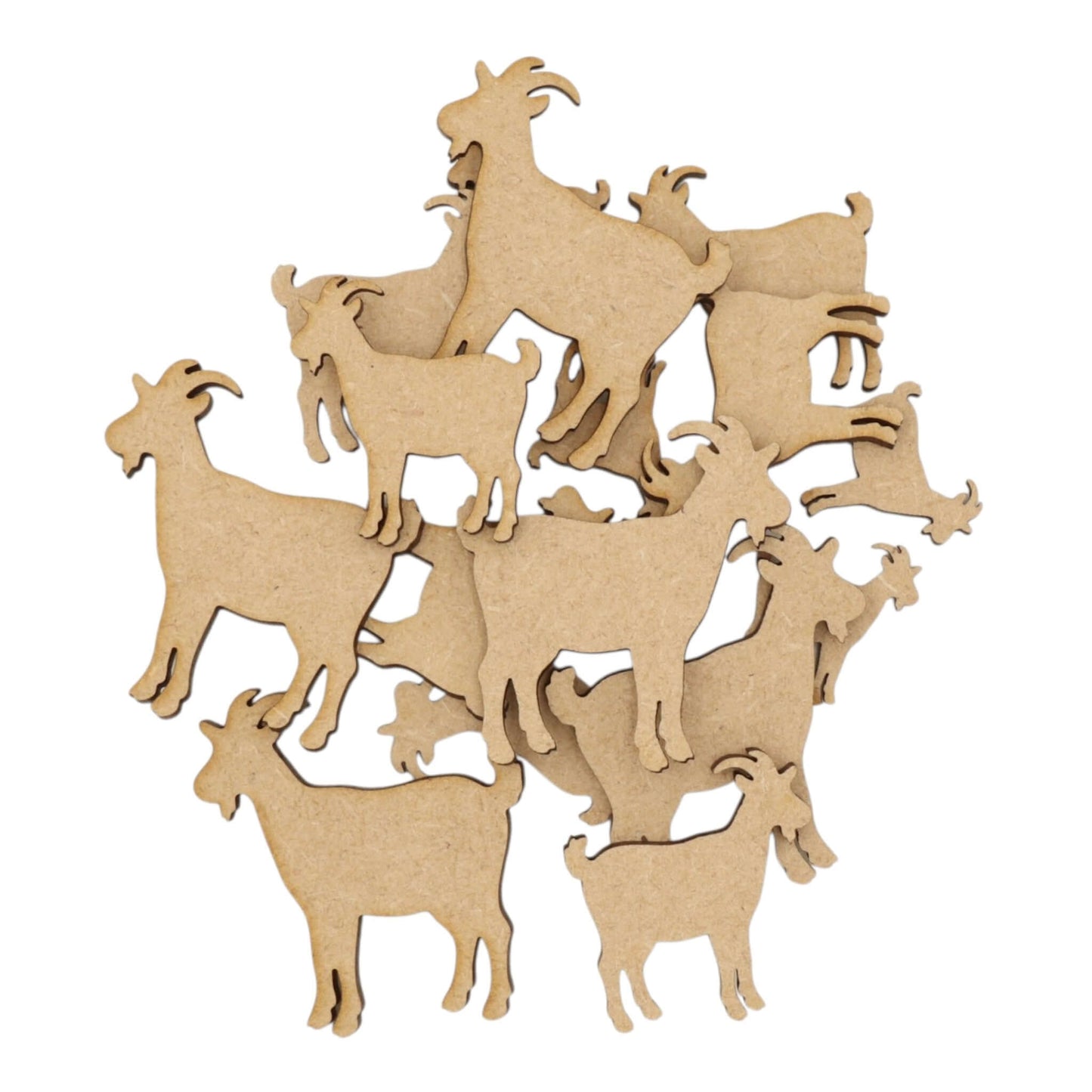 A collection of Goat MDF Craft Shape laser-cut goat silhouettes in various poses, perfect for creative projects.