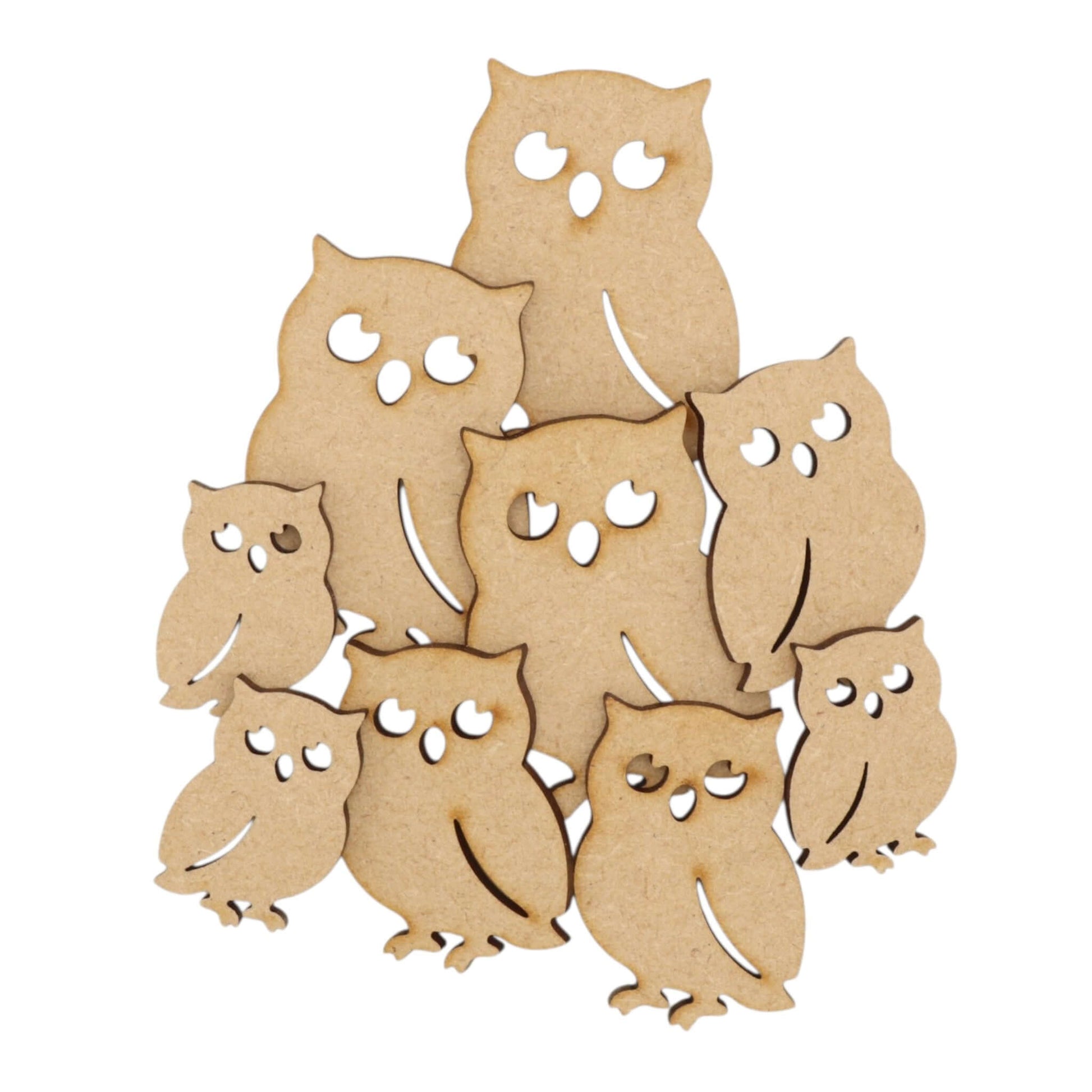 Owl MDF Craft Shape - set of laser-cut owl shapes in various sizes, perfect for crafting and decorations.