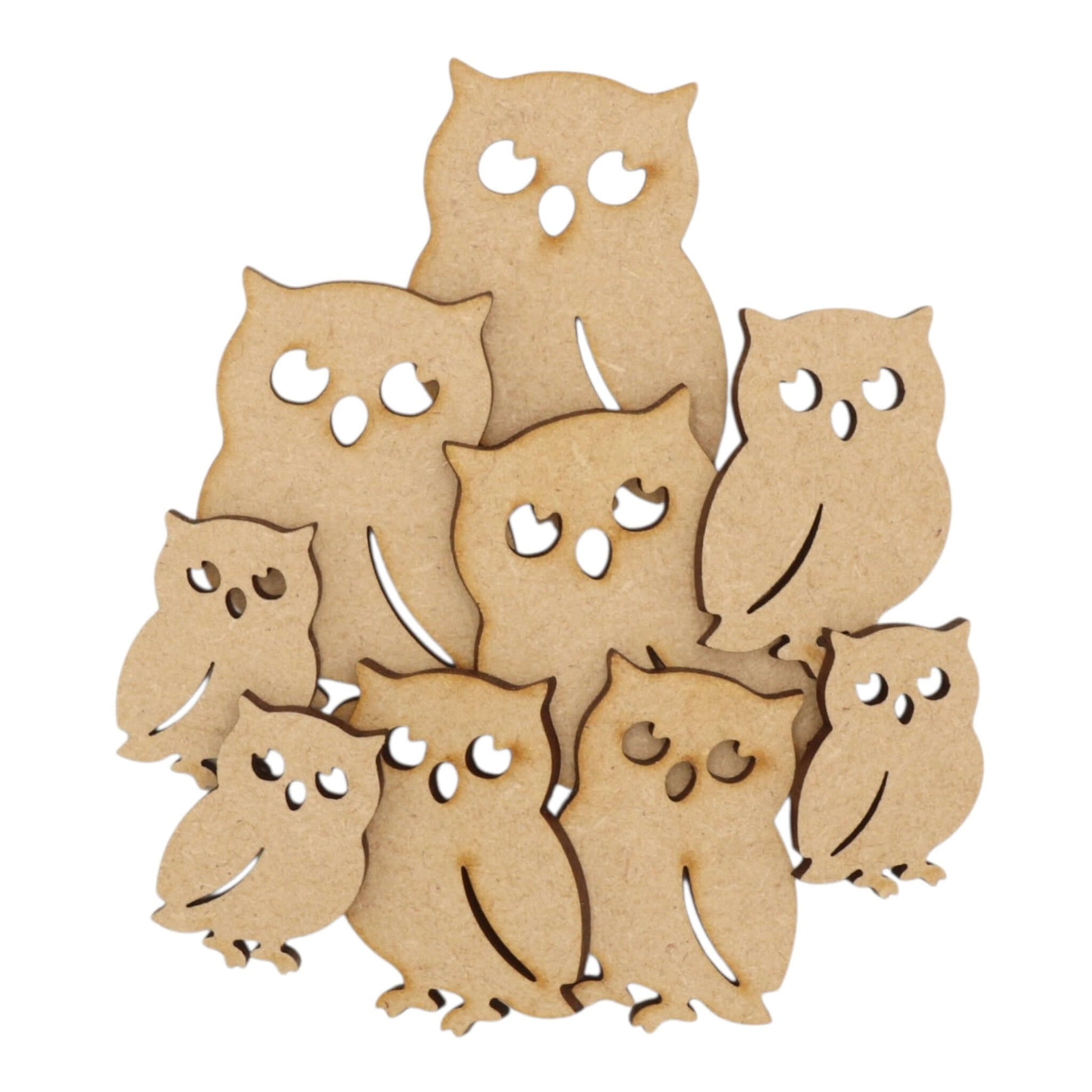 Owl MDF Craft Shape - Laser-cut owl shapes in various sizes, perfect for crafts, nursery décor, and autumn projects.