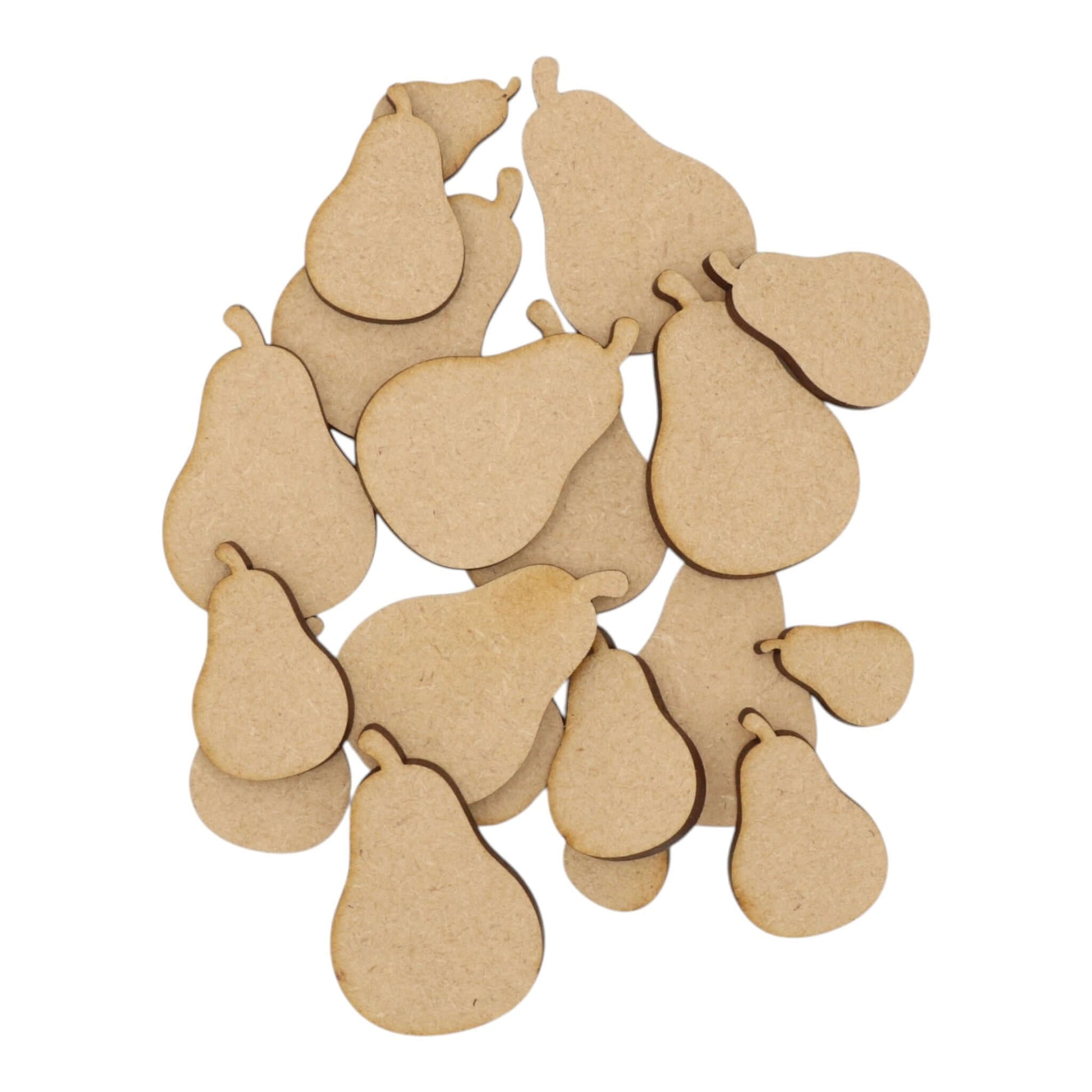 Assorted Pear MDF Craft Shape pieces, ideal for DIY projects, décor, and educational use.