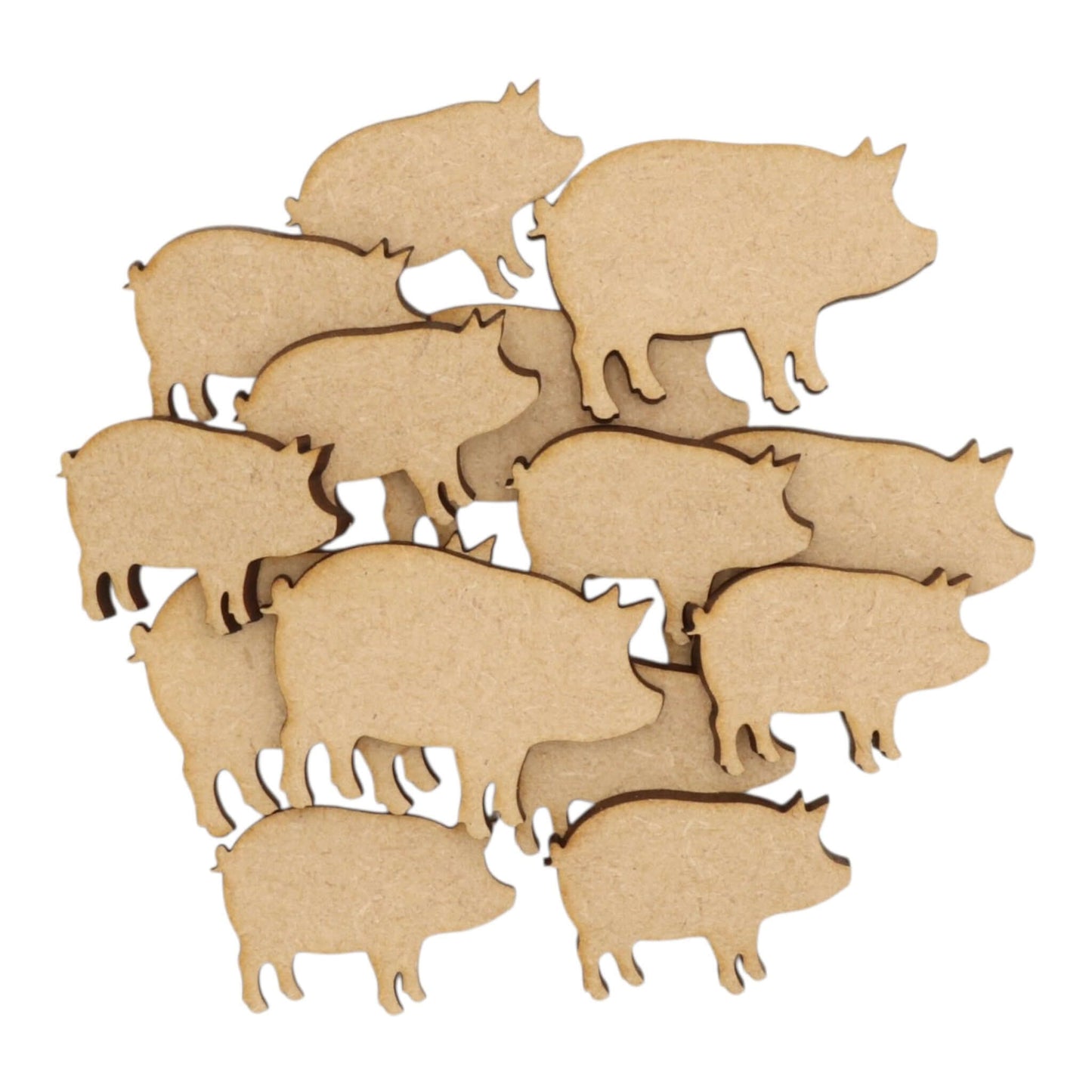 A collection of laser-cut Pig MDF Craft Shapes, perfect for farmhouse crafting and décor projects.