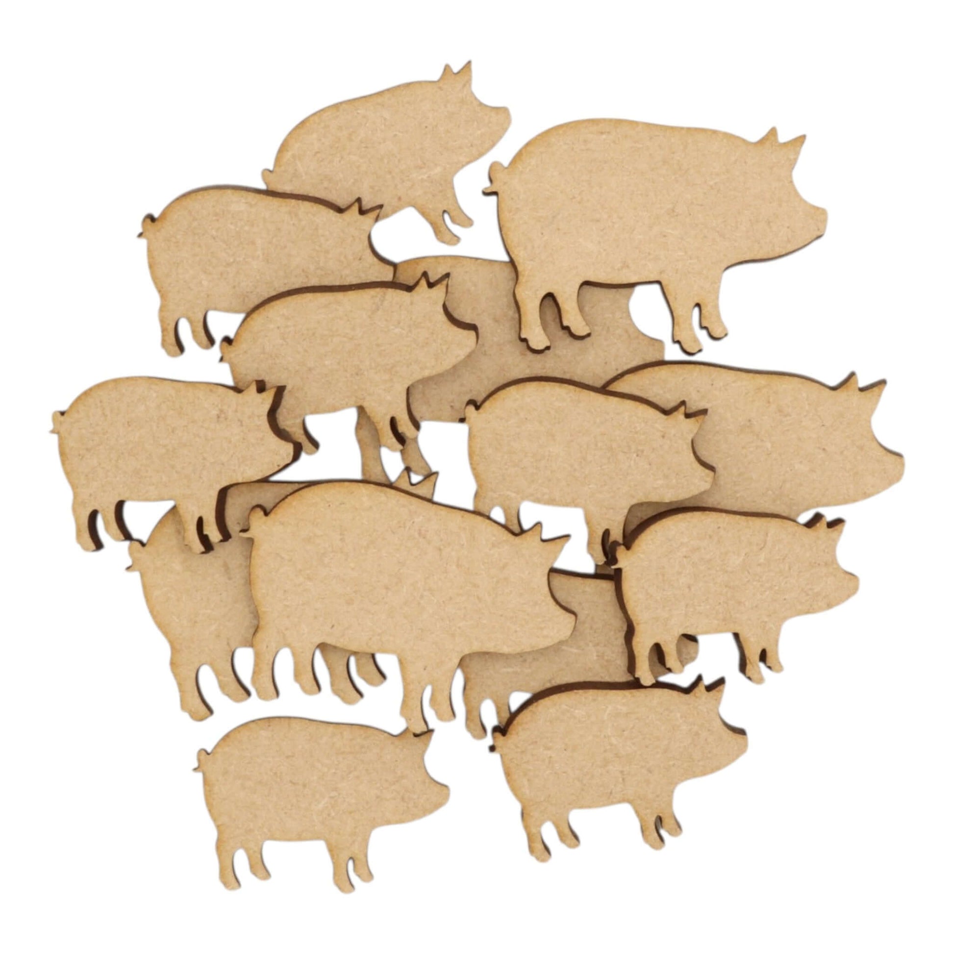 Pig MDF Craft Shape collection of laser-cut pig silhouettes on a light background for crafting and decoration.