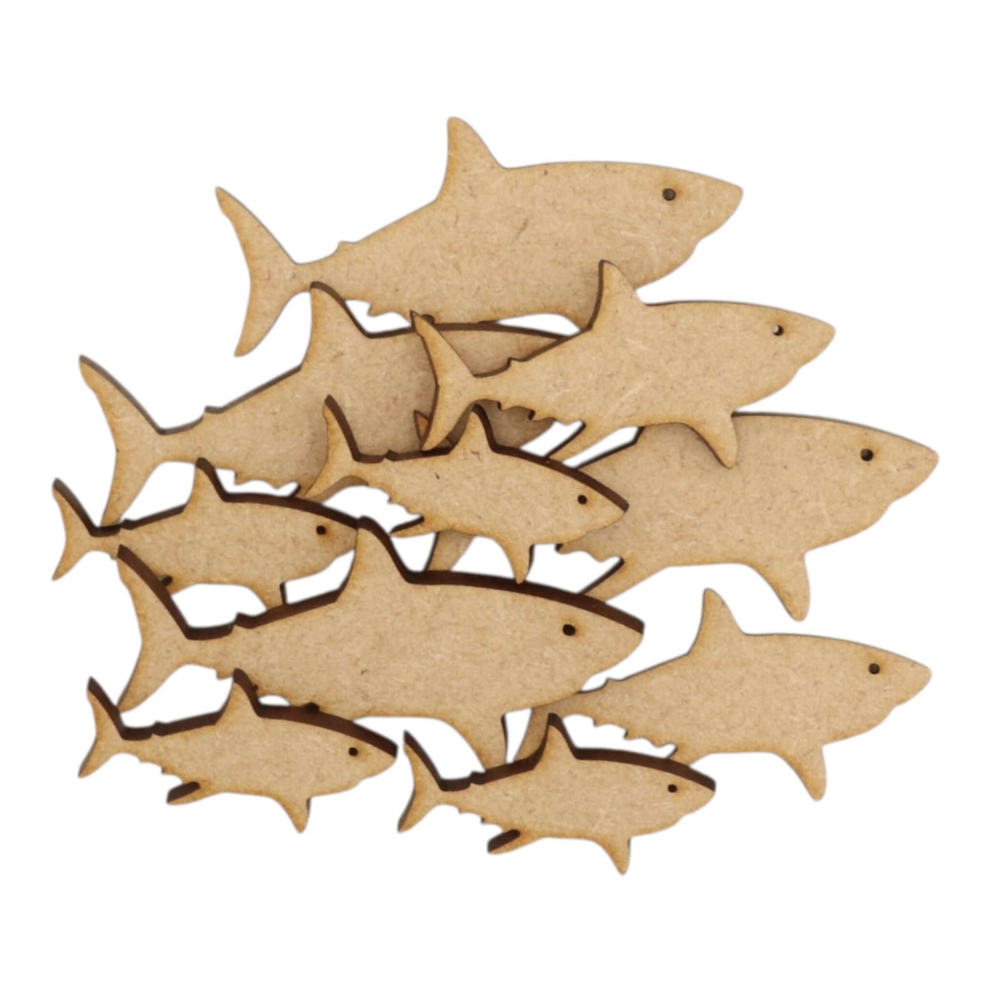 Shark MDF Craft Shape - assorted laser-cut shark shapes made from smooth 3mm MDF, perfect for crafts and decorations.