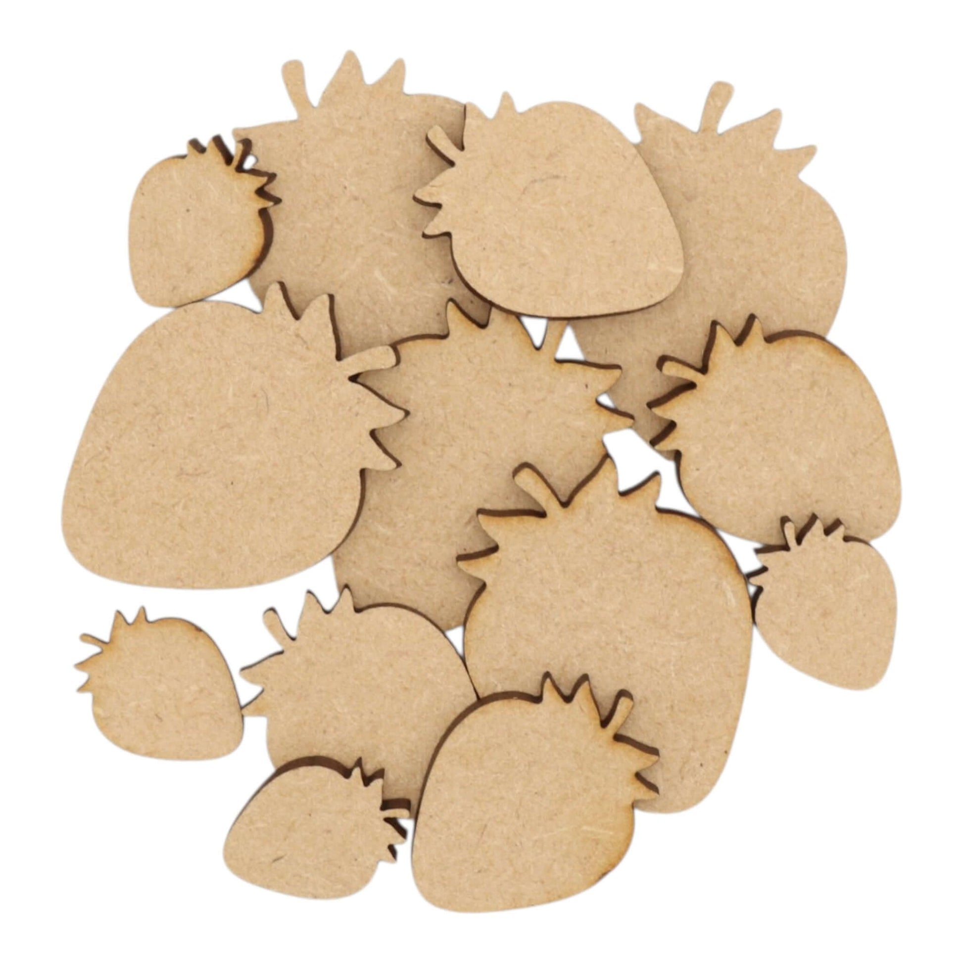 Strawberry MDF Craft Shape - assorted laser-cut shapes in various sizes made from smooth MDF for crafting projects.