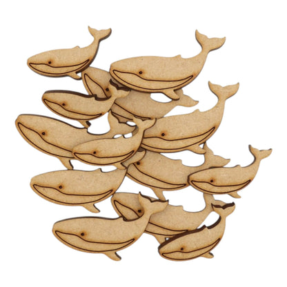 Whale MDF Craft Shape - a collection of laser-cut wooden whale shapes, perfect for crafts and nautical décor.