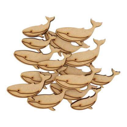 Whale MDF Craft Shape - Set of laser-cut whale shapes with engraved details, perfect for crafts and ocean-themed projects.