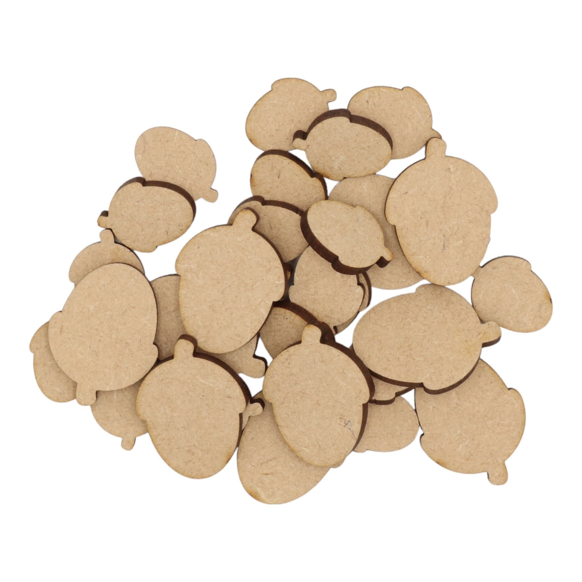 Laser cut MDF acorn craft shapes, 3mm thick, perfect for arts & crafts projects.