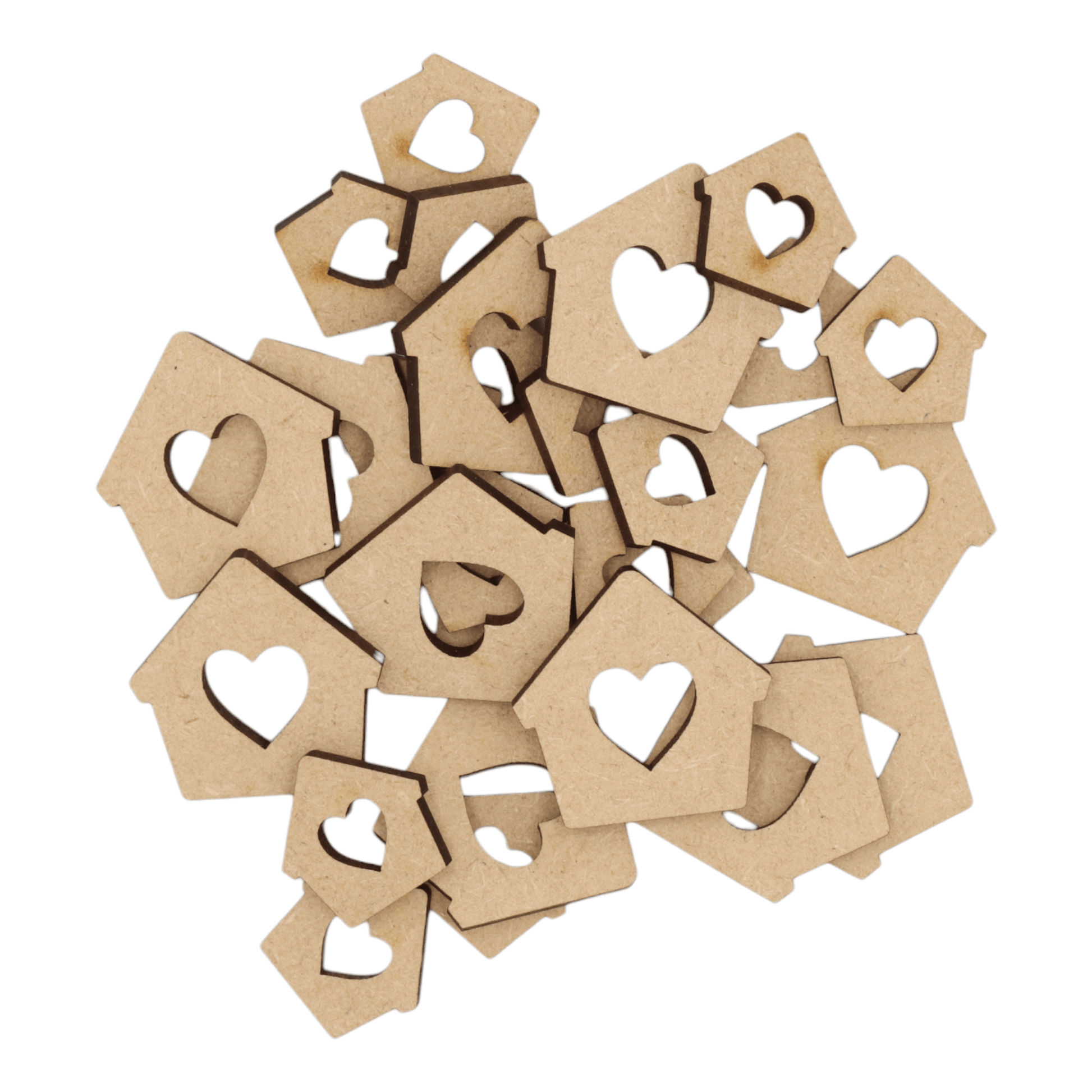 Laser cut MDF bird house with heart cut-out craft shapes, 3mm thick, perfect for arts & crafts projects.