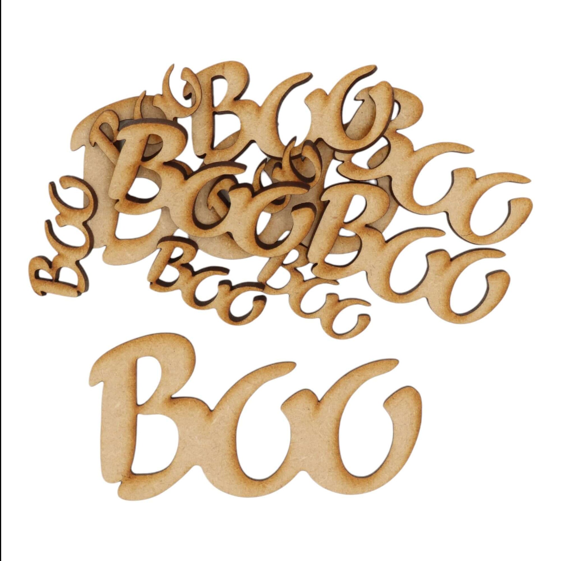 Laser cut MDF BOO word craft shapes, 3mm thick, perfect for arts & crafts projects.