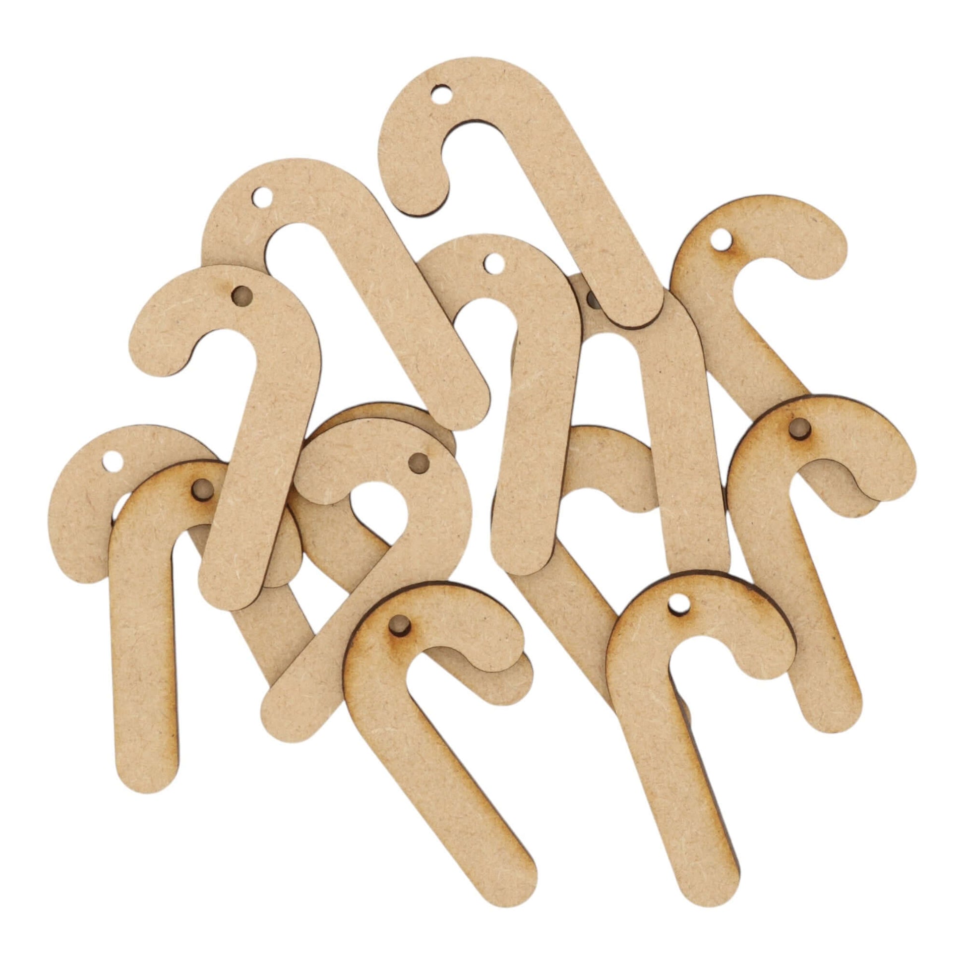 Laser cut MDF candy cane with hole craft shapes, 3mm thick, perfect for arts & crafts projects.