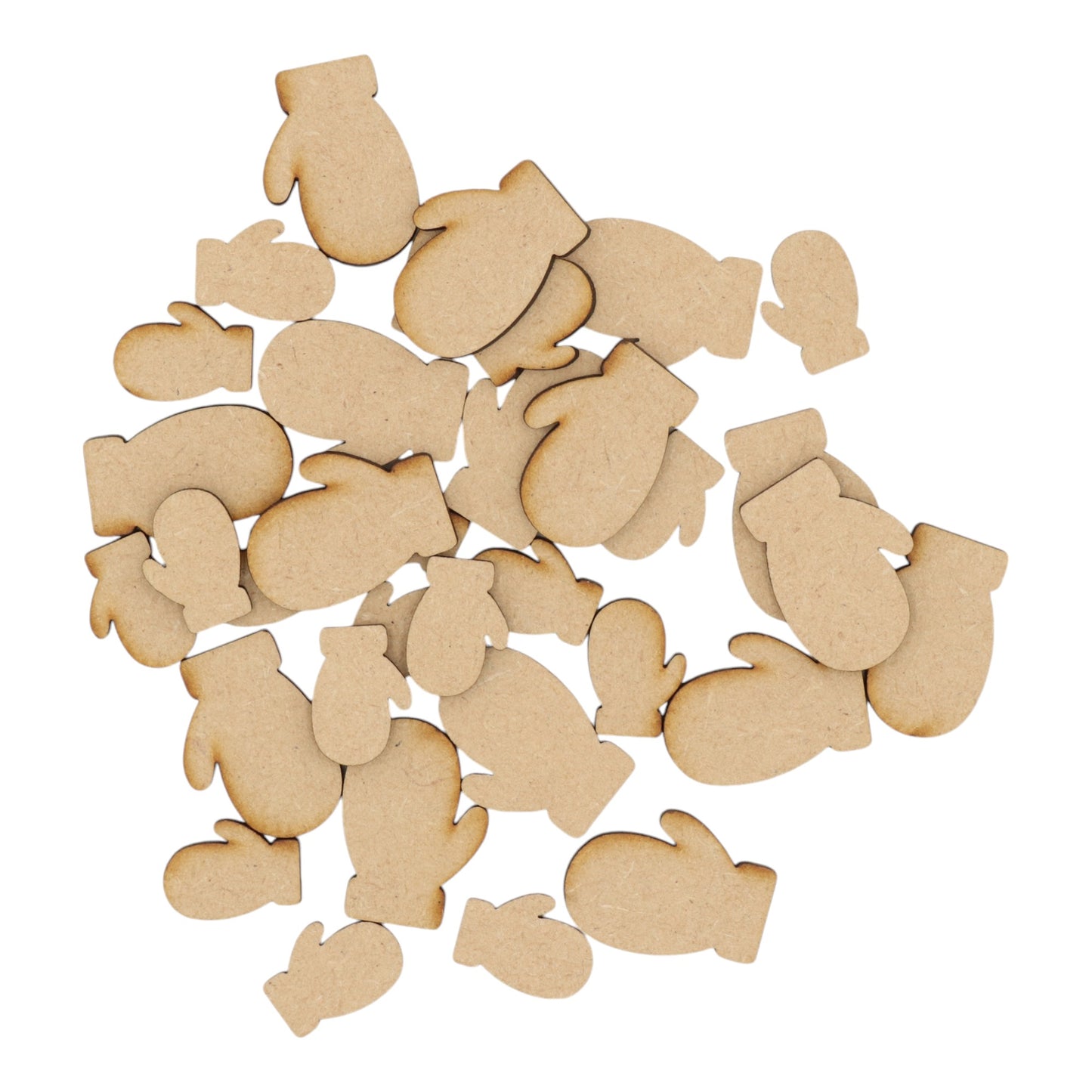 Laser cut MDF mitten craft shapes, 3mm thick, perfect for arts & crafts projects.