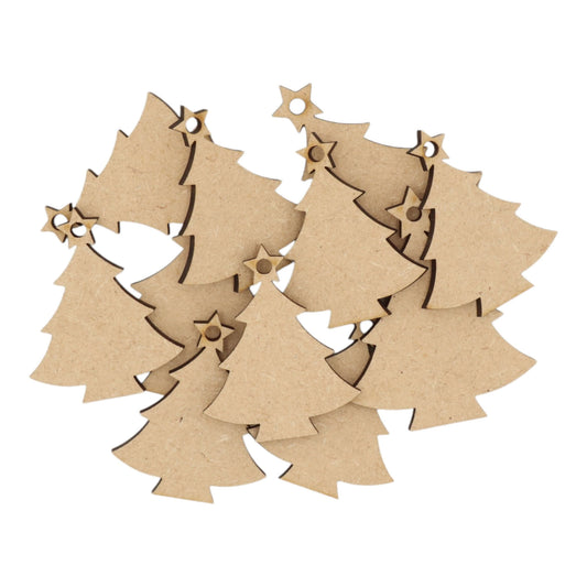 Laser cut MDF Christmas tree with star and hanging hole craft shapes, 3mm thick, perfect for arts & crafts projects.