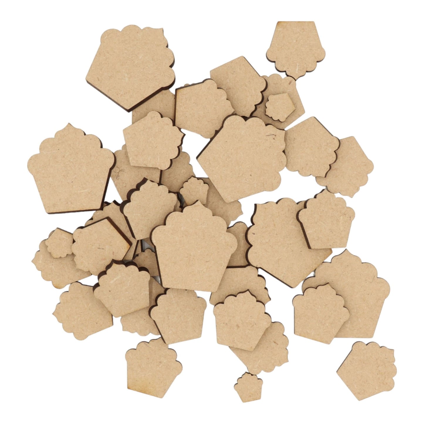 Laser cut MDF cupcake craft shapes, 3mm thick, perfect for arts & crafts projects.