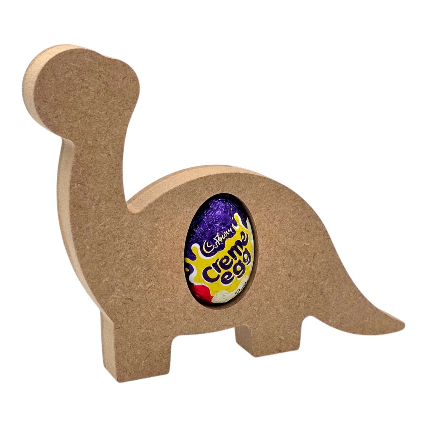 Dinosaur Egg Holder - Facing Forward showcasing a brontosaurus with a Cadbury Creme Egg.