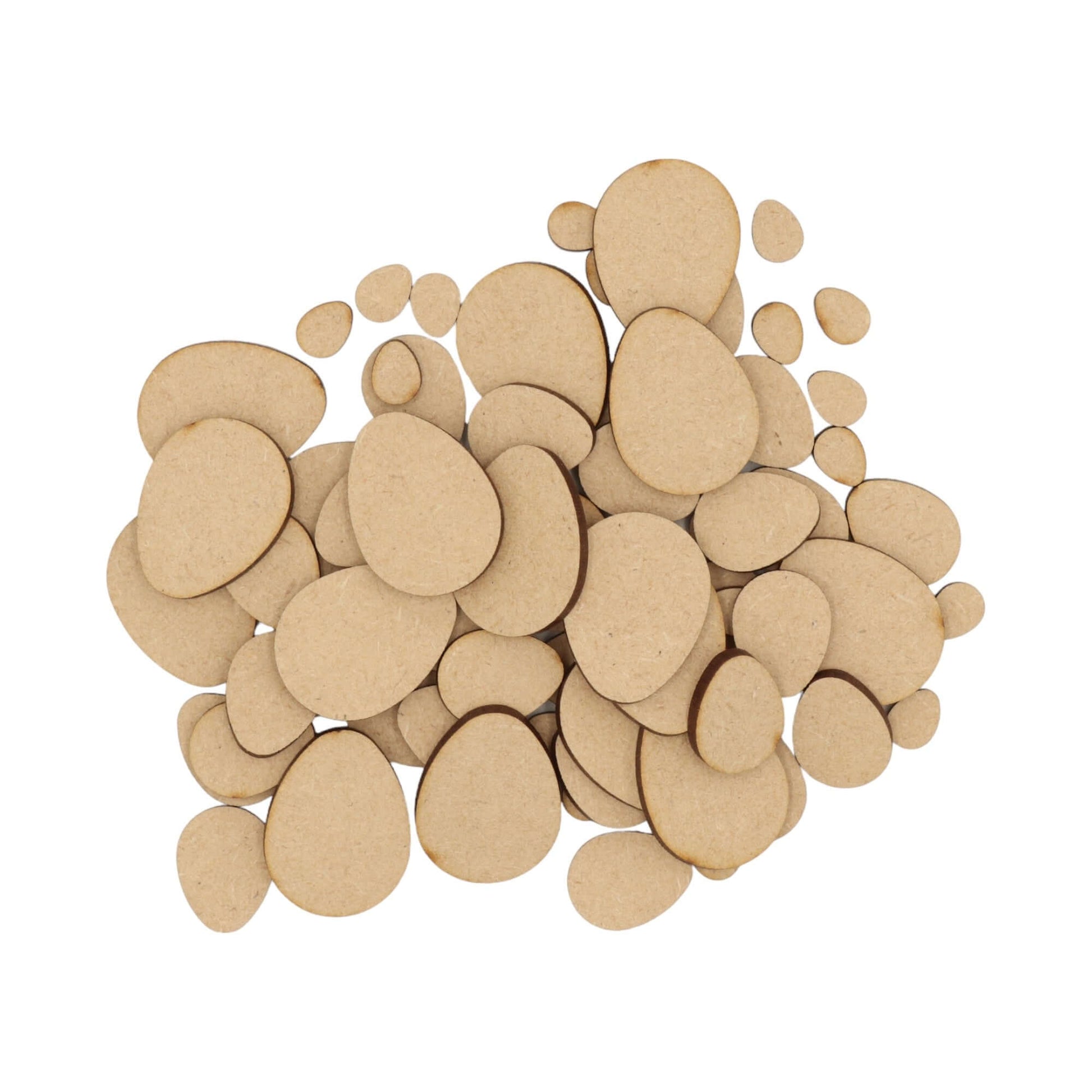 Laser cut MDF egg craft shapes, 3mm thick, perfect for arts & crafts projects.