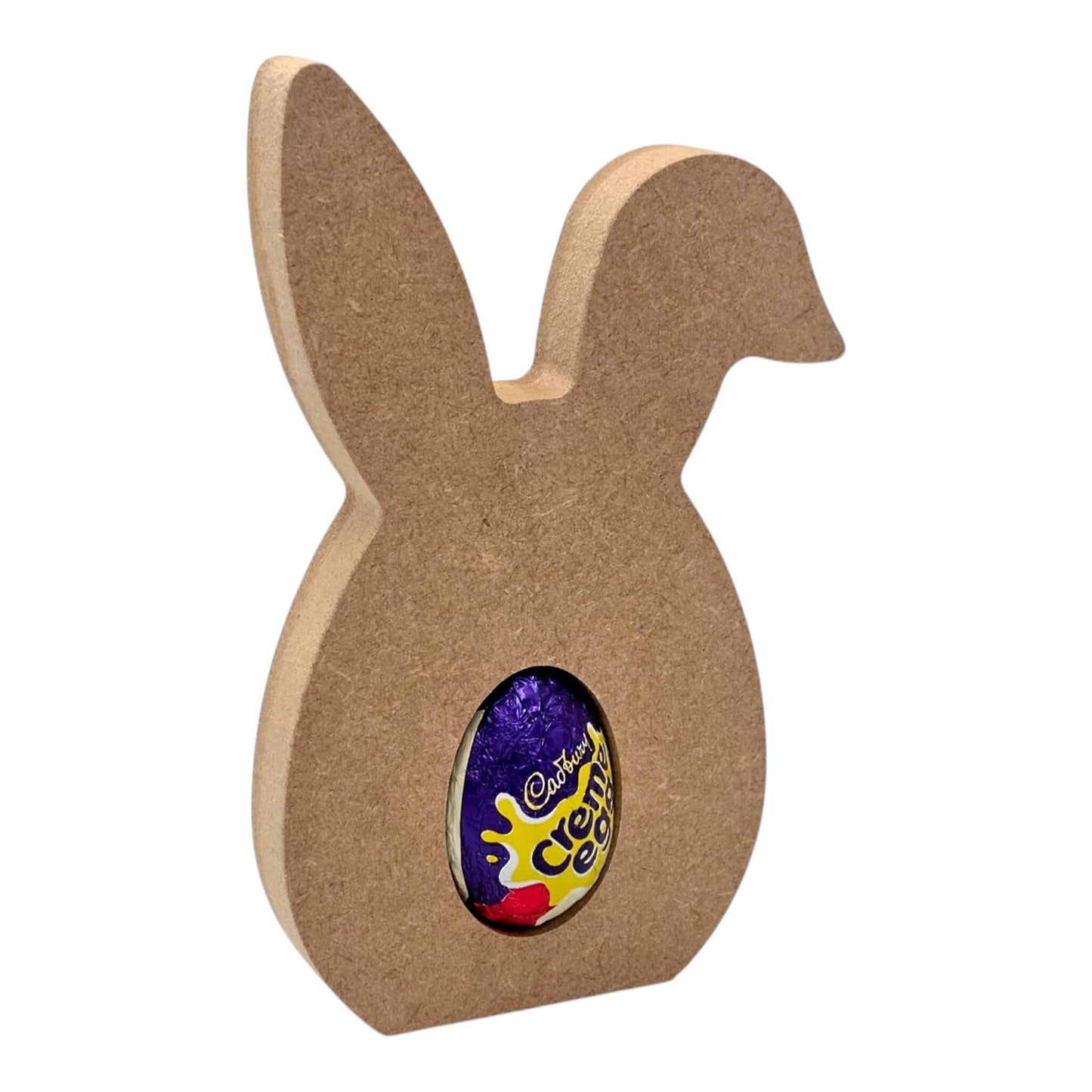 Bunny Ear Egg Holder - Floppy Ear with a Cadbury cream egg nestled inside.